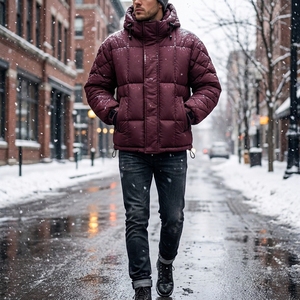 Men's <b>Burgundy</b> Hooded <b>Puffer</b> <b>Jacket</b> Padded Winter Coat Warm Zip Up Outdoor Streetwear Custom Private Label Apparel OEM ODM - Product Image 5