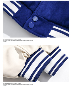 Premium Navy Cream Letterman <b>Bomber</b> with Contrast Sleeves Embroidered Chest Logo Striped Rib Trim Snap Front Unisex College - Product Image 6