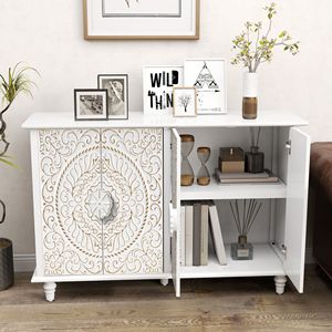 Buffet en bois sculpté vintage de 48 pouces avec 4 portes, grand espace de rangement, armoire décorative pour salon - Product Image 3