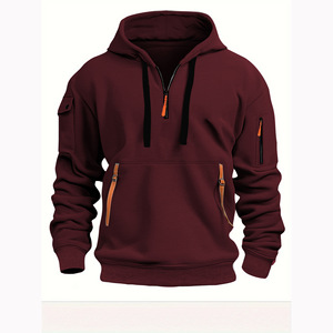 Unisex Khaki Solid Quarter <b>Zip</b> Front Logo <b>Hoodie</b> Fleece Pullover with <b>Pockets</b> Regular Fit Casual Winter Wear - Product Image 2