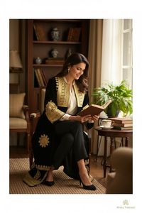 Black Velvet Embroidered <b>Kaftan</b> Long Sleeve Knee Length Loose Fit Women's Dress With Gold Geometric Pattern Winter Casual Dress - Product Image 2