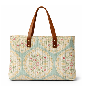 Premium Handmade Bohemian Hand Block Print Quilted Multi Pocket Cotton Tote <b>Bag</b> Floral Pattern Brown Leather Handles All Season - Product Image 1