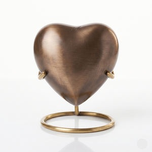 Mini Heart Shaped Keepsake Urn <b>for</b> Human and Pet <b>Ashes</b> | Bronze Finish Metal Memorial Urn <b>Box</b> with Display Stand and Pouch - Product Image 1