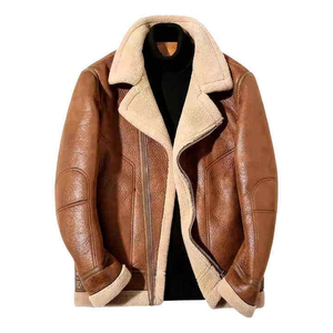 Veste d'hiver en cuir brun clair de qualité supérieure avec col en fourrure crème contrastant, fermeture éclair asymétrique, style aviateur décontracté pour homme, manteau chaud - Product Image 1