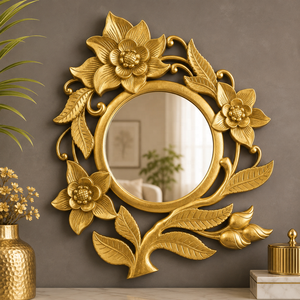 Botanic Blossom Hand Carved Wooden Floral Wall Mirror Antique Gold Finish Decorative Accent Mirror Luxury Home Decor - Product Image 1