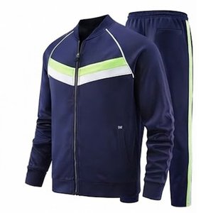 Ensemble de survêtement sportif bleu marine pour homme avec rayures vertes et blanches, en polyester et coton tricoté, veste à col montant et fermeture éclair intégrale, idéal pour l'automne - Product Image 2
