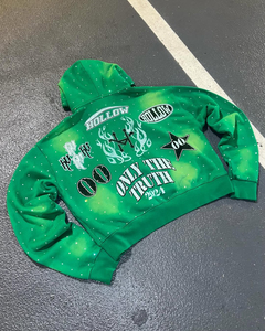Hoodie court personnalisé vert délavé à l'acide, style streetwear épais avec détails en strass et impression multi-graftiques - Product Image 2