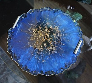 Handmade <b>Blue</b> Resin Geode Tray with Handles & <b>Coasters</b> - Product Image 3