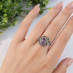 Bague pour femme en argent sterling 925 avec améthyste violette naturelle taille marquise, sertie à la main, style vintage, or rose - Product Image 2