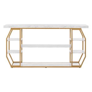 Mesa Consola Moderna de 3 Niveles con Superficie de Mármol, Almacenamiento Abierto, Tubos Geométricos de Hierro Dorado y Dispositivo Antivuelco - Product Image 1