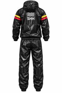 Custom <b>Black</b> Hooded Sauna Suit Men’s Shiny Sweat Tracksuit Half Zip Pullover Jacket Pants <b>Set</b> Thermal <b>Gym</b> Training Fitness Wear - Product Image 2