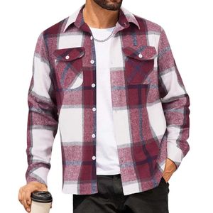 Custom Crimson Tartan <b>Men</b> Shacket Comfortable Dense Cotton Turn Down Collar Durable <b>Long</b> Sleeve High Quality Fine <b>T</b> <b>shirts</b> - Product Image 2