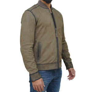 <b>Men's</b> Olive Green Suede Bomber <b>Jacket</b> With Zipper Closure Casual Stand Collar Regular Fit Available For Sale - Product Image 4