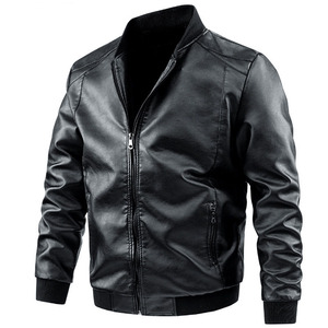 Navy blue classic stand collar Moto <b>biker</b> slim fit <b>jacket</b> Custom logo leather streetwear Leather <b>jacket</b> for men - Product Image 5