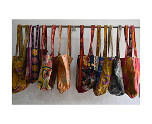 Vintage Cotton Kantha Boho Tote Bag Handstitched Reusable Shopping Bag with Printed Design Jaif Textiles JF-024 From Rajasthan - Product Image 1