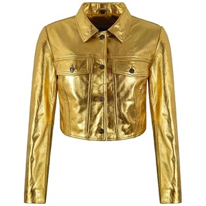 Chaqueta Trucker de Cuero Metálico Real para Mujer, Estilo Universitario, Brillante Dorado, Corta, Estilo Vaquero, con Botones Frontales, OEM - Product Image 1