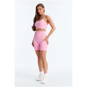 Women's Pink Ribbed 2 Piece <b>Set</b> <b>Square</b> Neck Spaghetti Strap Crop Top High Waist Shorts - Product Image 2
