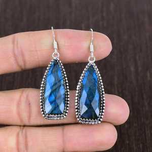 Boucles d'oreilles pendantes en labradorite bleue, plaqué argent 925, style bohème, bijoux en pierres précieuses faits à la main, cadeau - Product Image 2