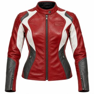 Chaqueta de cuero genuino de vaca para mujer, color rojo carmesí, blanco y carbón, ajustada, para carreras, motocross, ciclismo y deportes. - Product Image 1