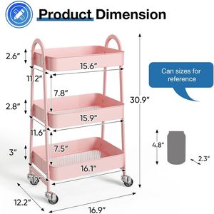 Carrello portaoggetti mobile a 3 ripiani in metallo con ruote bloccabili, soluzione organizzativa per soggiorno e ufficio - Product Image 4
