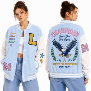 Veste varsity pour femme, style streetwear, avec patchs brodés, contraste de couleurs, épaules tombantes, coupe ample, design tendance - Product Image 3