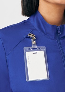 Women's Eco-Friendly Blue <b>Scrub</b> <b>Top</b> Full Zip Front Pockets Polyester Woven Hospital Uniform Needle Detection Seamless Fusing - Product Image 5