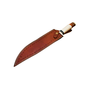 Cuchillo Bowie Hecho a Mano con Hoja Curva de Acero Plateado, Mango Estilo Hueso Blanco, Detalles de Madera Marrón, Guardacuchillo Dorado, Hoja Fija para Caza - Product Image 2