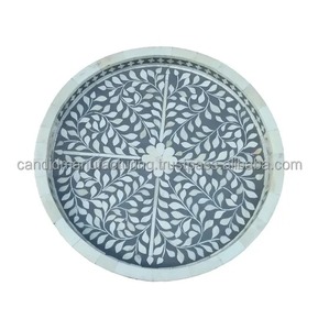 Bandeja Decorativa Redonda con Incrustaciones de Hueso, Plato para Servir con Incrustaciones Florales Hecho a Mano, Bandeja Decorativa de Madera para Mesa del Hogar - Product Image 2