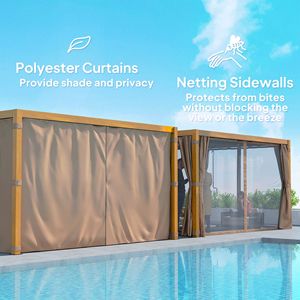 Pergola Retrattile da Esterno 3x4m con Tetto a Lamelle, Tende e Rete Parasole, Gazebo in Legno Naturale - Product Image 5