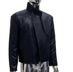 Blouson de moto unisexe noir en cuir véritable tanné, col montant, fermeture éclair, style chinois, coupe ajustée, longueur standard, pour l'automne, avec chaînes - Product Image 2