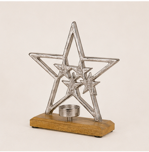 Porte-bougie à la bougie tealight en métal argenté moderne en forme d'étoile dans une étoile, sur base en bois de manguier rustique, décor de table céleste artisanal. - Product Image 3