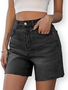 Shorts en jean noir taille haute avec ourlet effiloché et cinq poches, style décontracté pour femme - Product Image 1