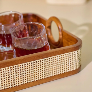 Bandeja de Servir de Madera Rectangular, Diseño Moderno, Hecha a Mano con Borde de Ratán, Ecológica, Apta para Lavavajillas, para Fiestas y Bodas - Product Image 5