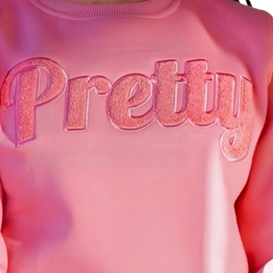 Sudadera AKA de Chenilla Rosa Sólido para Mujer, con Bordado de Letras Griegas, Cuello Redondo, Prenda Premium - Product Image 5