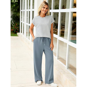 Ensemble de détente uni pour femme, t-shirt ample et pantalon large, tenue décontractée personnalisable avec logo - Product Image 2