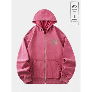 High Quality Retro Washed Fleece Hoodies Oversized Casual Unisex <b>Pink</b> Metal Zipper Streetwear Custom Aesthetic Blank Apparel - Product Image 1