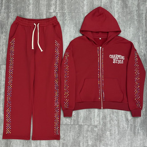 2026 OEM/ODM Custom Casual Vintage Baggy Acid Wash Men's Sweatshirt Set Flared Sweatpants Rhinestone Zipper Tracksuit for Men - Product Image 1