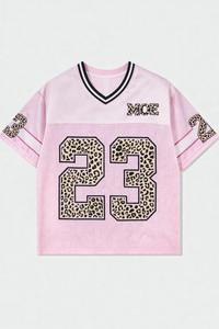 Camisetas de Verano para Mujer, Talla Grande, Personalizadas, con Estampado de Leopardo Rosa, Cuello en V, Estilo Jersey Oversize, Ropa Urbana, Camiseta de Fútbol Americano - Product Image 5