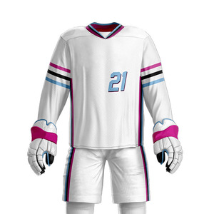 Ensemble d'uniformes de hockey sur glace personnalisés, rayé blanc, rose et bleu, sublimé, 100 % polyester, pour hommes, manches longues, col en V, vêtements respirants en maille - Product Image 6