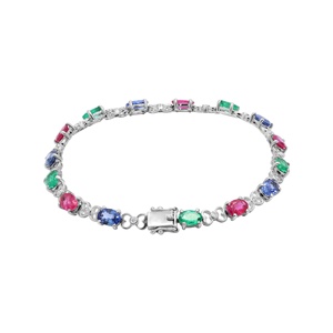 Natural Oval <b>Ruby</b> Emerald Sapphire 18K White Gold Station <b>Bracelet</b> | Diamond Accent Multicolor Gemstone Fine Jewelry Gift - Product Image 3