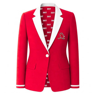 Delta |   Sigma |   Blazer Rojo para Mujer de la Hermandad Theta con Ribete Blanco y Bordado del Escudo, Cuello de Solapa con un Solo Botón, Traje Ejecutivo - Product Image 1