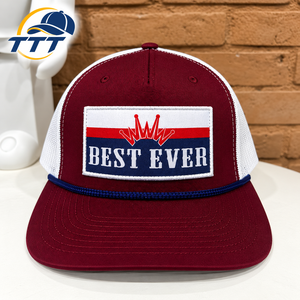 Casquette Trucker Personnalisée 5 Panneaux Bordeaux et Blanc en Maille avec Logo Tissé et Cordon, Fabricant Vietnamien OEM ODM, Usine de Casquettes en Gros - Product Image 1