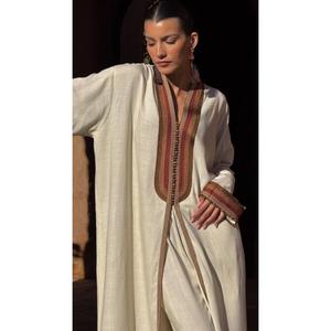 Most Demanding Two-piece Set In Soft Natural Linen Featuring Relaxed Kimono <b>Kaftan</b> With A Subtle High-neckline - Product Image 3