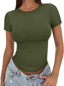 Women's Slim Fit <b>Crop</b> <b>Top</b> Solid Color Crew Neck Short Sleeve Casual T-Shirt Spandex Cotton Knitted Breathable Logo 220g Spring - Product Image 3
