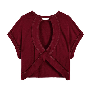 Camiseta Corta de Mujer, Color Borgoña Sólido, Cuello Redondo, Manga Corta, Ajuste Holgado, Tejido Transpirable, Informal, para Primavera/Verano, Gimnasio - Product Image 2