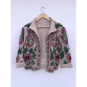 Handmade Floral Suzani Embroidery Varsity <b>Jacket</b> Winter Coat <b>Hippie</b> Bohemian Outerwear Gift for Her Cotton Knitted Button Pocket - Product Image 1