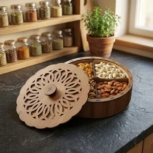 Caja de Madera para Frutos Secos con Tapa, 4 Compartimentos, Contenedor Multifuncional para Almacenar Bocadillos, Dulces, Nueces, Galletas, Plato para Servir - Product Image 6