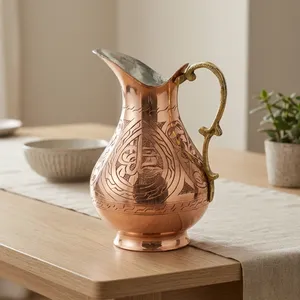 Pichet à eau en cuivre de style ottoman authentique gravé à la main avec poignée en laiton, carafe à calligraphie traditionnelle, vaisselle, cadeau - Product Image 2