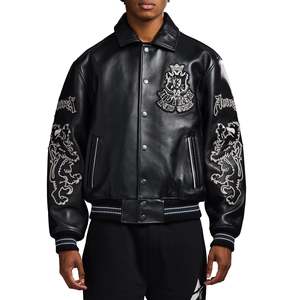 Avirex Men's Black Leather Bomber <b>Jacket</b> Embroidered Crest Front Button Regular Fit Turn-down Collar Streetwear <b>Winter</b> <b>Jacket</b> - Product Image 1