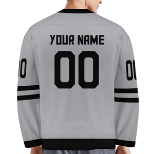 Maillot de hockey sur glace personnalisé pour hommes, logo des équipes, col rond, manches longues, maille sublimée respirante, coupe régulière adulte, gris noir - Product Image 2